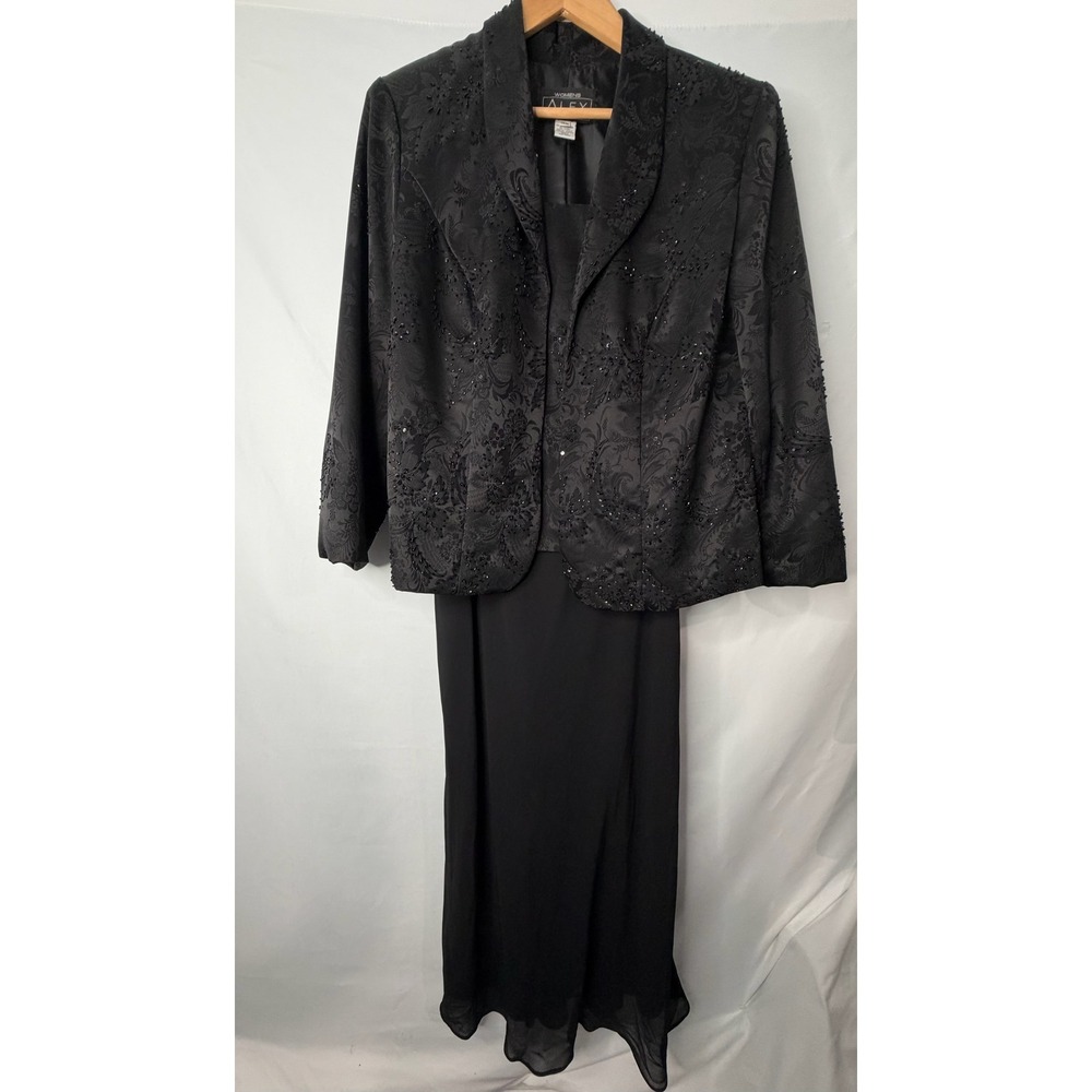 Alex Evenings Black Beaded Damask Jacquard 2PC Gown and Jacket Set 14W Formal